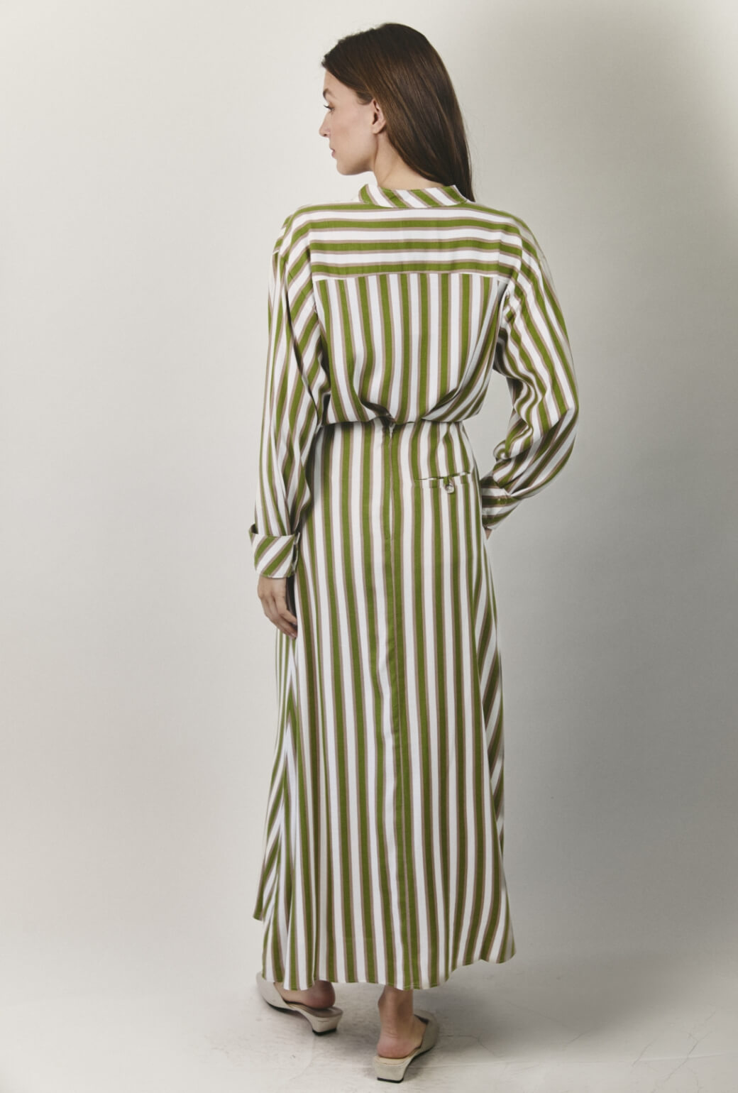 Mandarin Shirt - Green & Brown Stripe