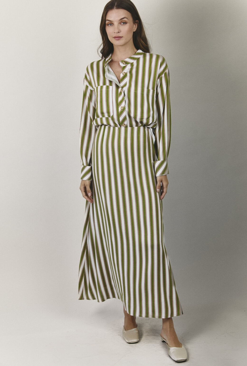 Mandarin Shirt - Green & Brown Stripe