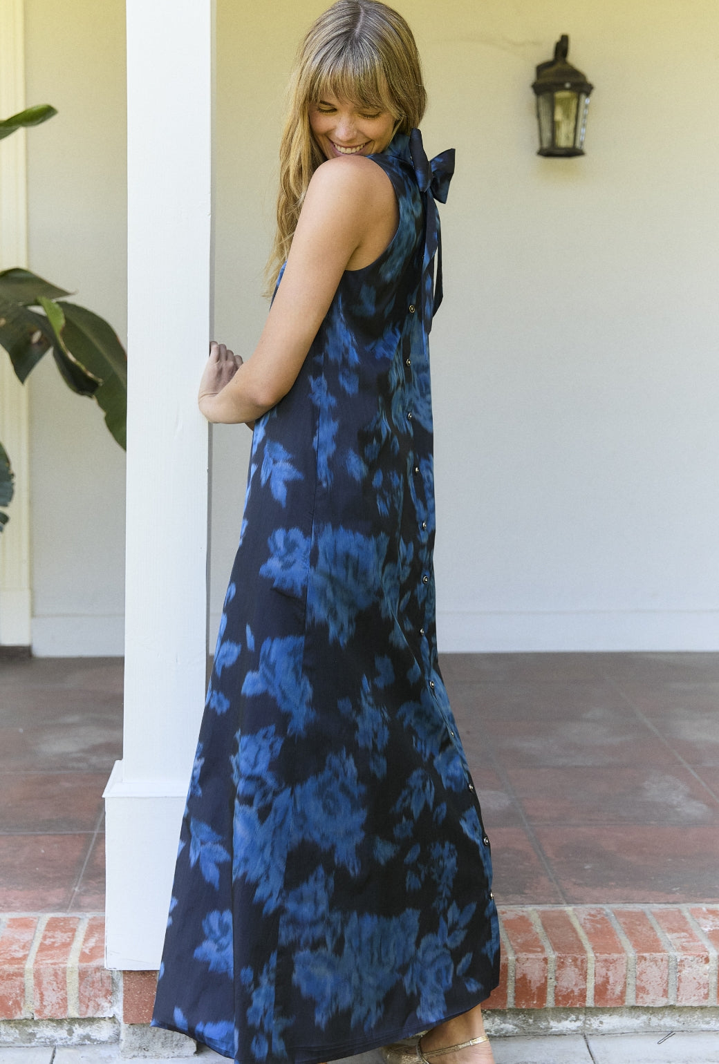 Bow Maxi Mod Dress - Blue Floral Taffeta  BURU