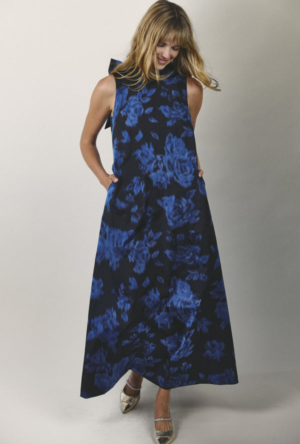 Bow Maxi Mod Dress - Blue Floral Taffeta