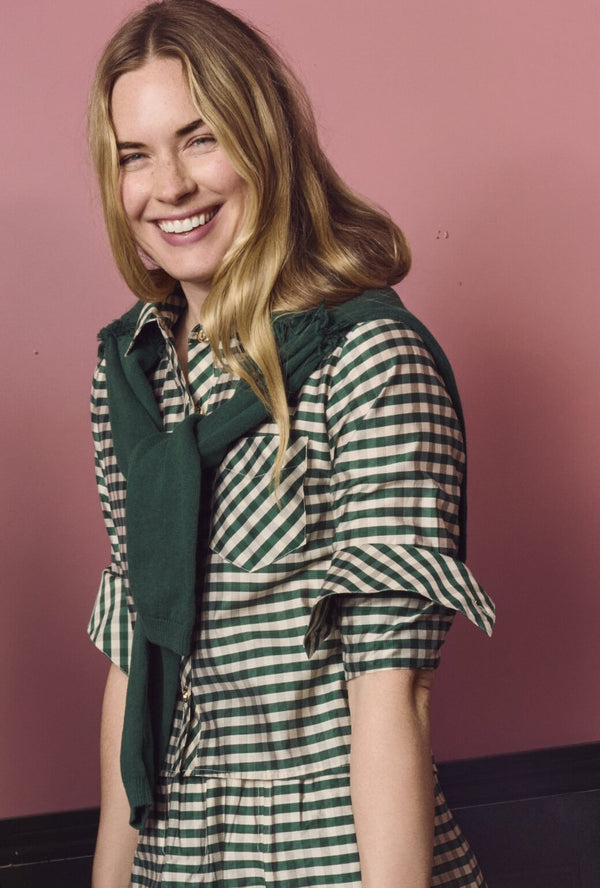 Mel Button Down Cropped - Deep Green Gingham
