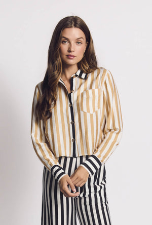 Mel Button Down Cropped Shirt - Black & Sand Stripe