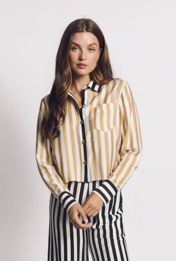 Mel Button Down Cropped Shirt - Black & Sand Stripe