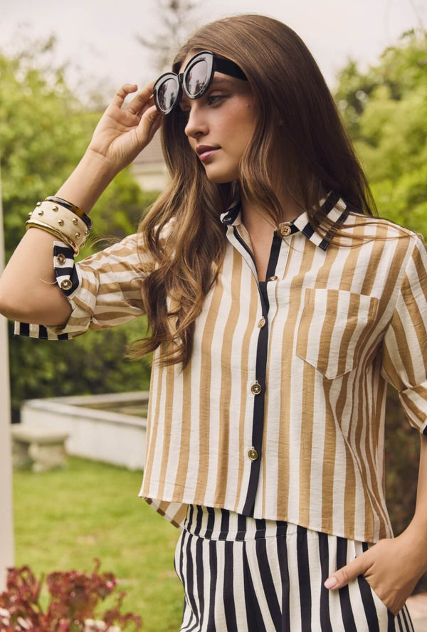 Mel Button Down Cropped Shirt - Black & Sand Stripe