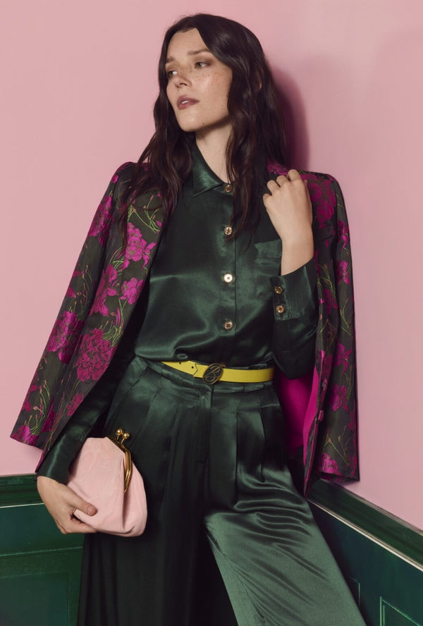 Mel Button Down Shirt - Deep Green Satin