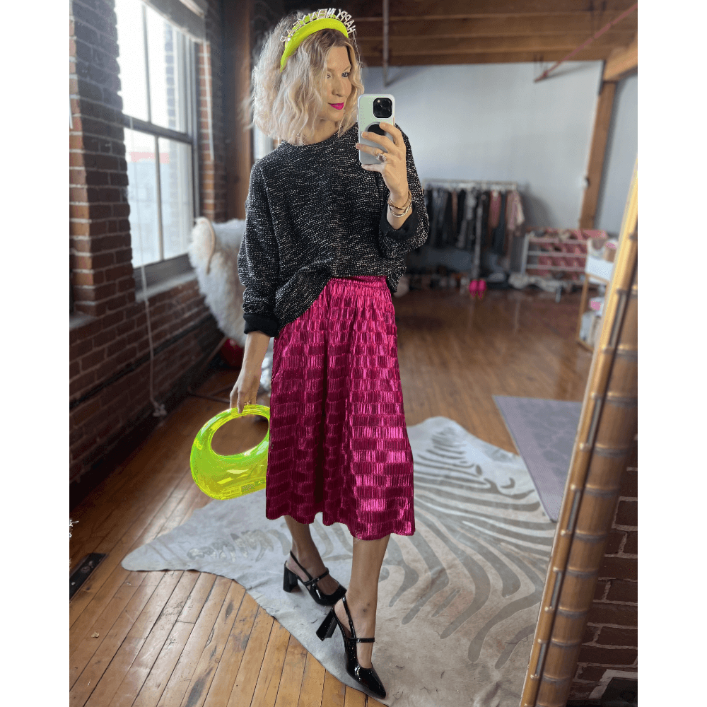 SAMPLE Metallic Pleated Skirt Hot Pink BURU