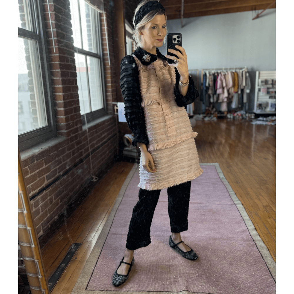 SAMPLE - Peter Pan Collar Mini Dress - Blush & Black Fringe SAMPLE - Peter Pan Collar Mini Dress - Blush & Black Fringe