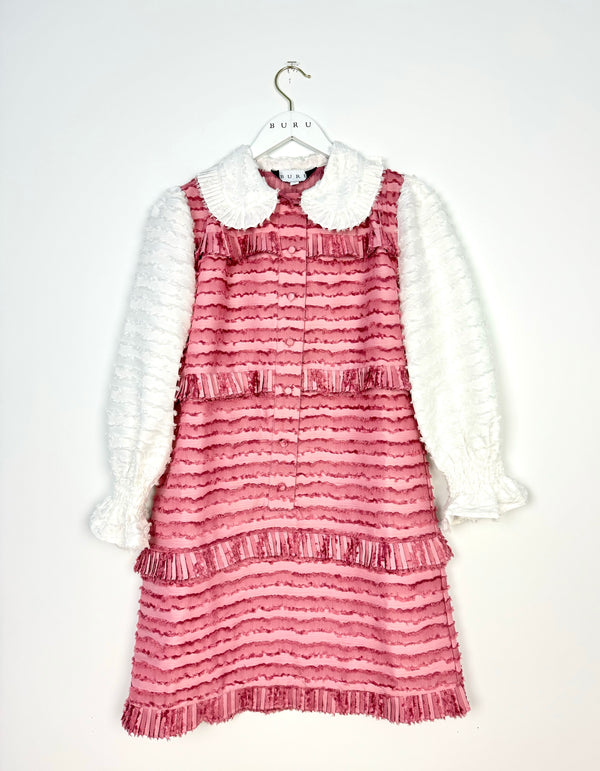 SAMPLE - Peter Pan Collar Mini Dress - Rose & White Fringe - Final Sale