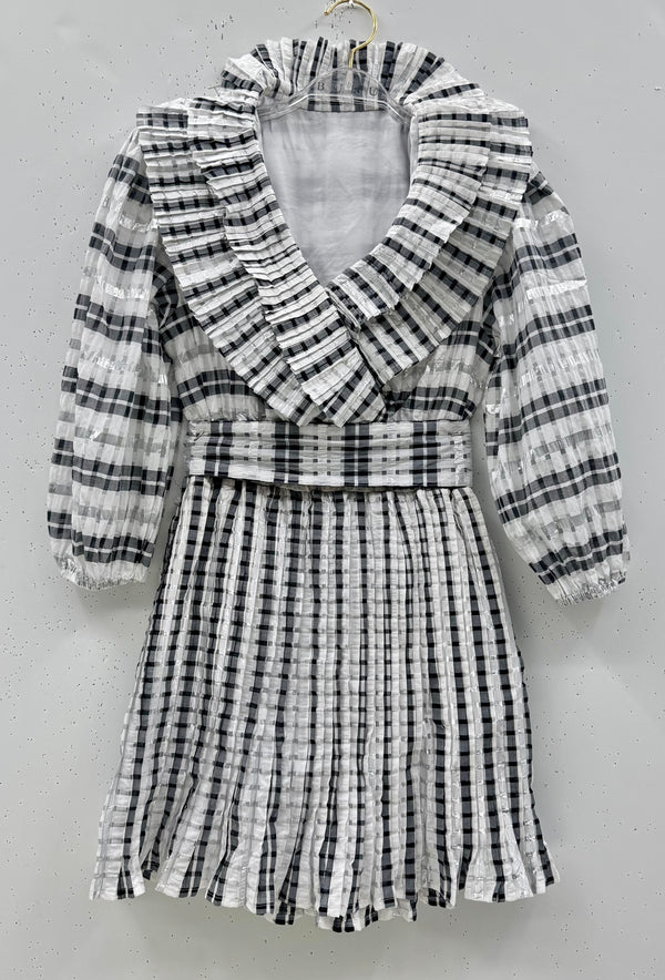 SAMPLE - MINI Blanche Dress - Black, White & Silver Plaid