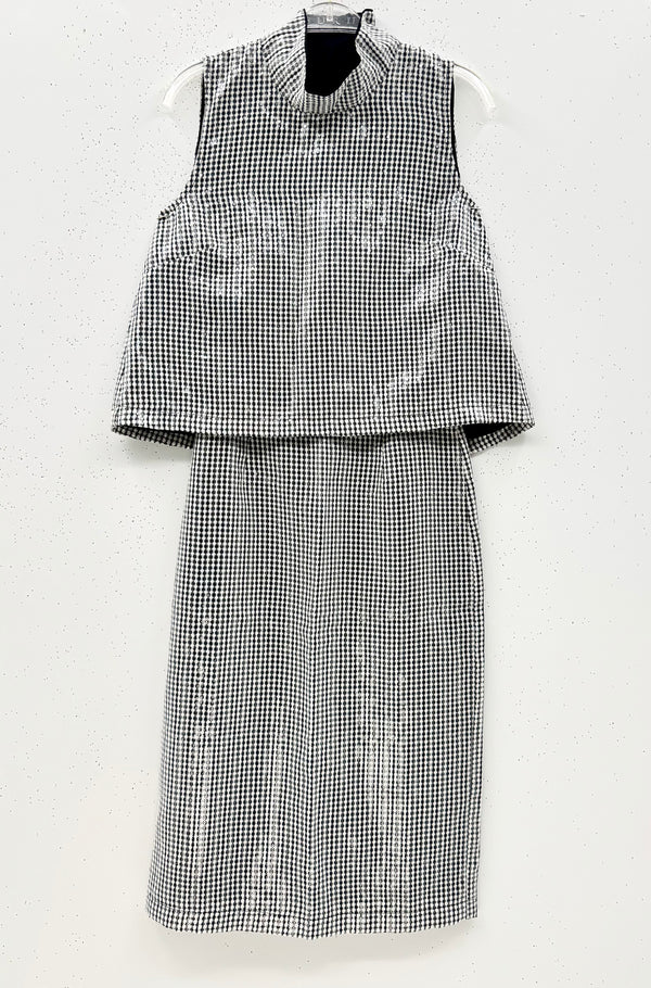 SAMPLE - Cropped Sleeveless Mod Top & Pencil Skirt SET - B&W Sequin Gingham