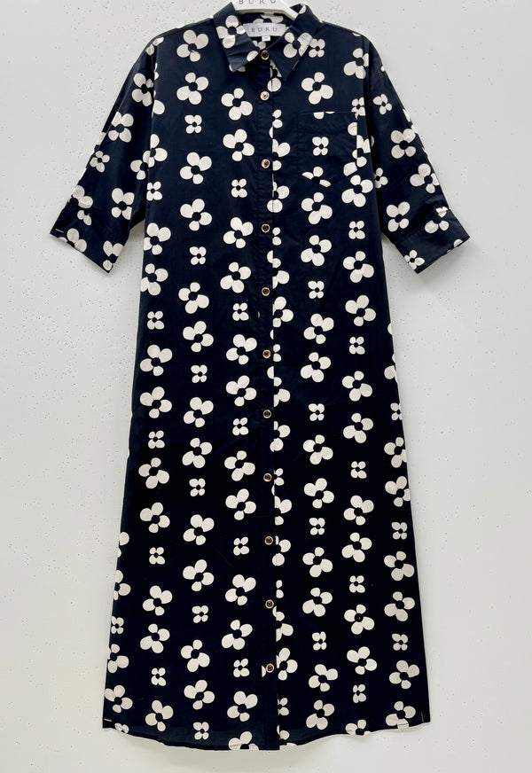 SAMPLE - Elbow Length Shirtdress - B&W Floral
