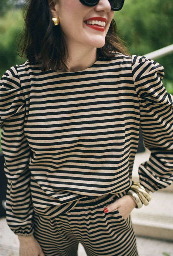 BURU x Val Puff Sleeve Pullover - Taupe & Black Knit