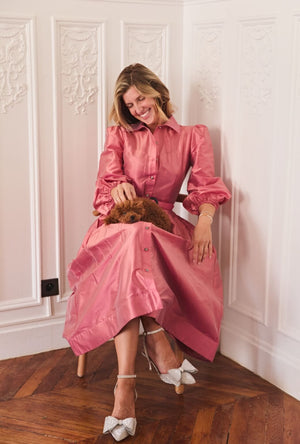 Buru x Anna Kloots Puff Sleeve Shirtdress - Pink Shimmer Taffeta