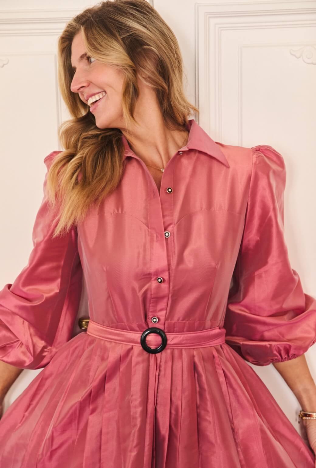 Buru x Anna Kloots Puff Sleeve Shirtdress - Pink Shimmer Taffeta