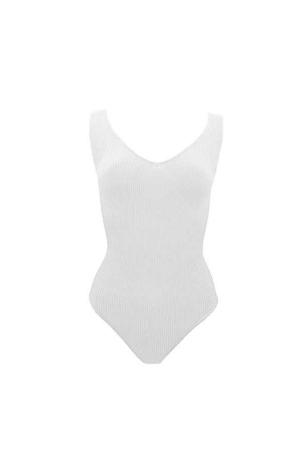Ribbed V-Neck Sleeveless Body Suit - White