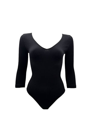 Ribbed V Neck Long Sleeve Body Suit
