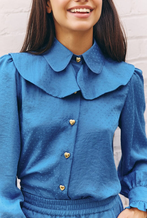 Ruffle Button Down - Cornflower Dot