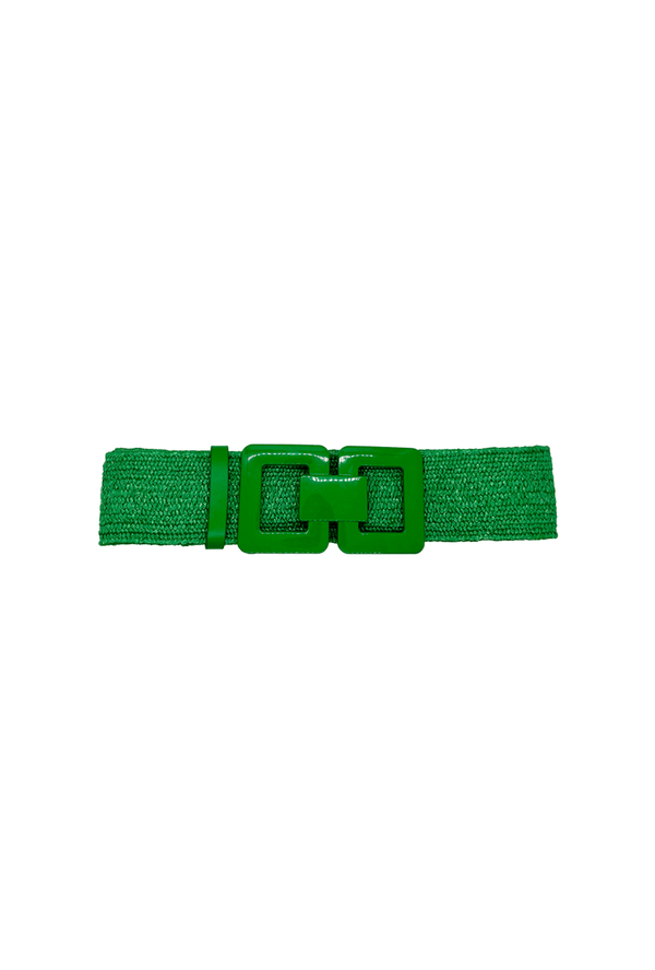 Shiny Double Buckle Raffia Stretch Belt - Green