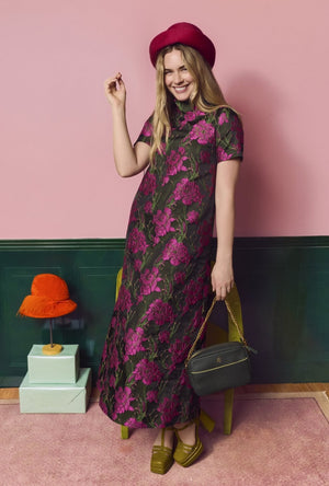 Short Sleeve Mod Dress - Magenta Floral Jacquard