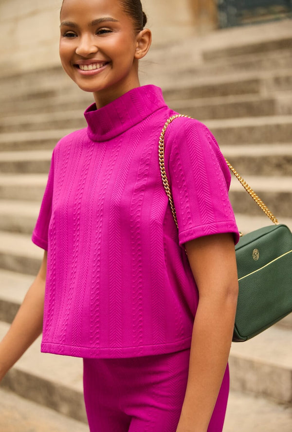 Short Sleeve Mod Top - Fuchsia Cable-knit