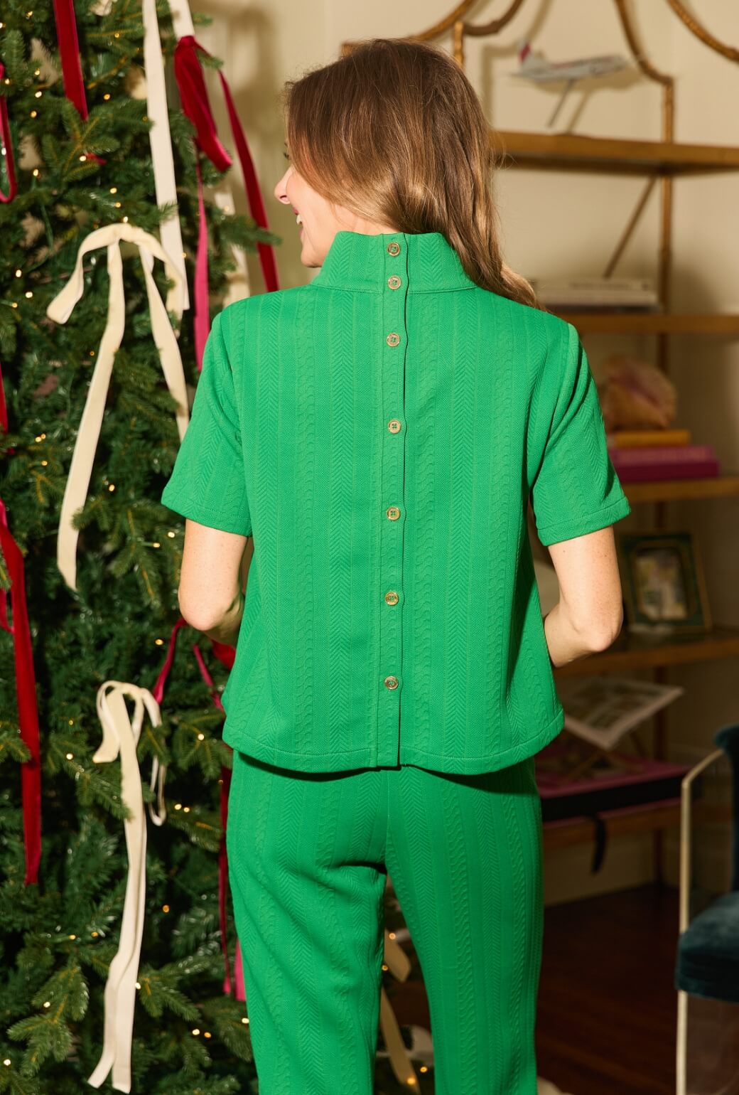 Short Sleeve Mod Top - Kelly Green Cable-knit