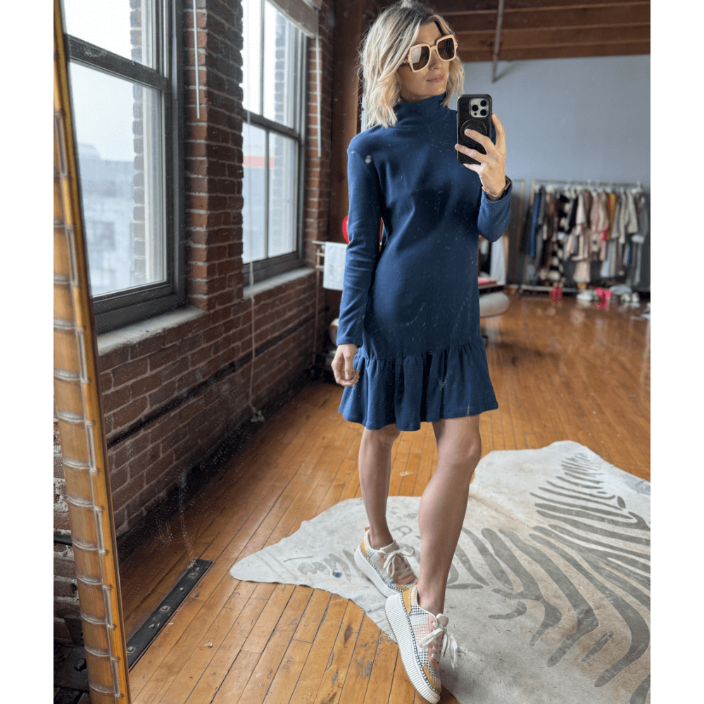 Side Zip Turtleneck Dress MINI Navy