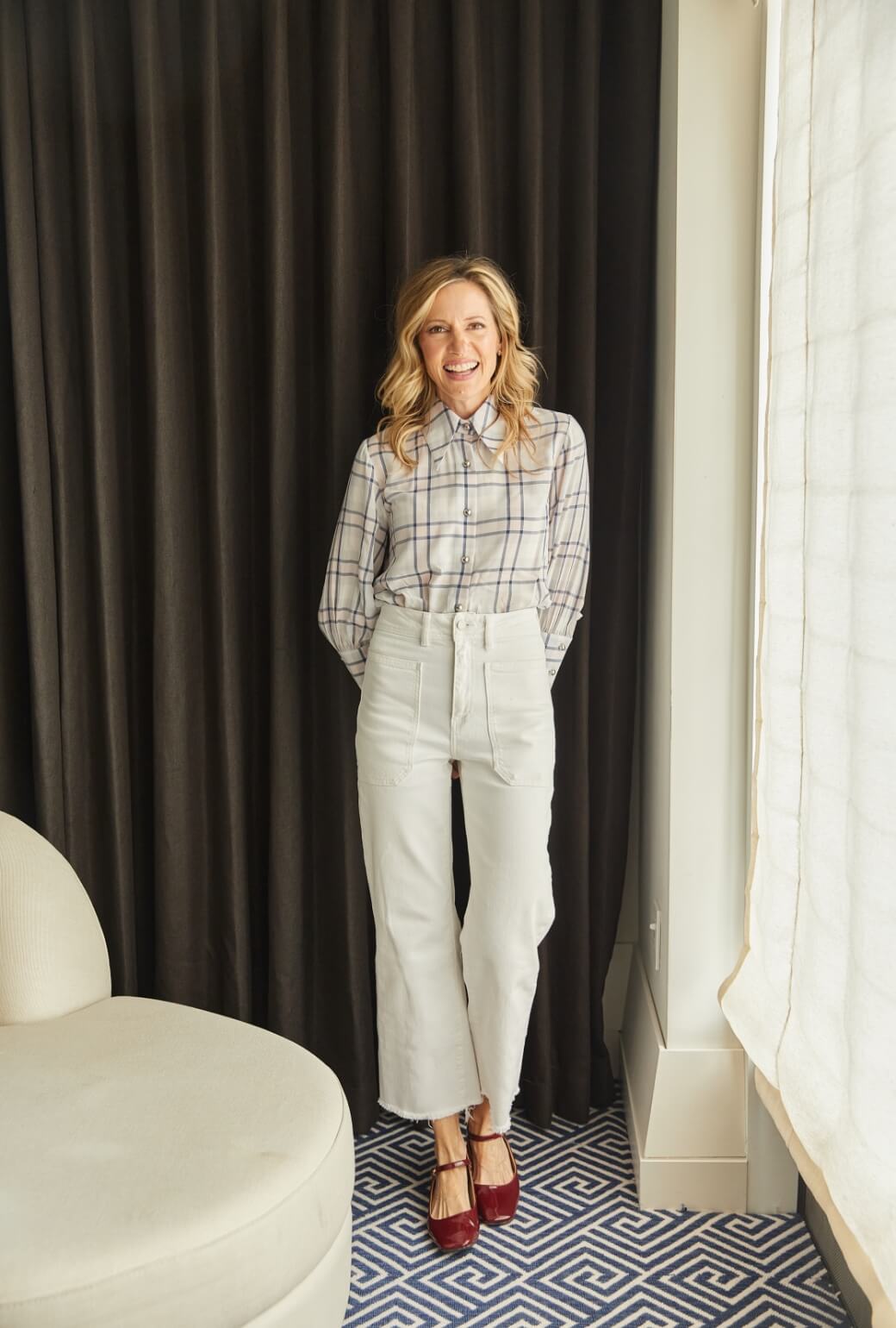 Skipper  Blouse - Navy & Blush Plaid