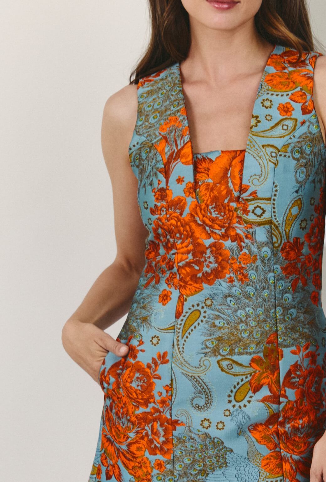 Sleeveless Deco Dress - Aqua & Flame Jacquard