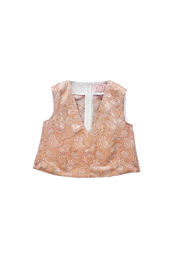 Sleeveless Deep V Mod Top - Gold Lamé Tulip