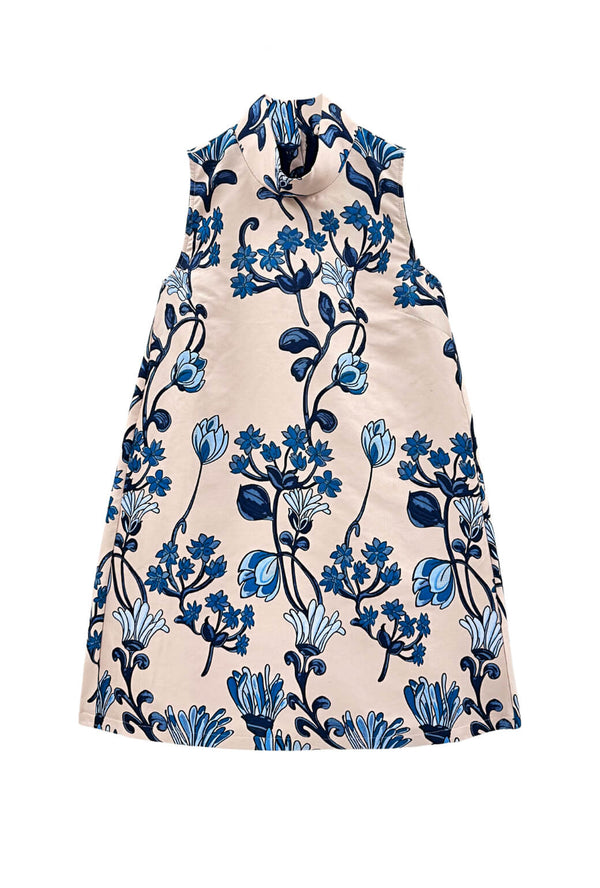 Sleeveless Mod Dress - Blue Floral Jacquard