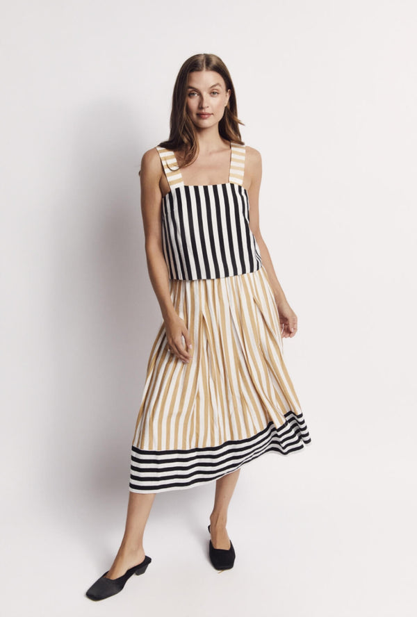 Smocked Waist MIDI Skirt - Black and Sand Stripe