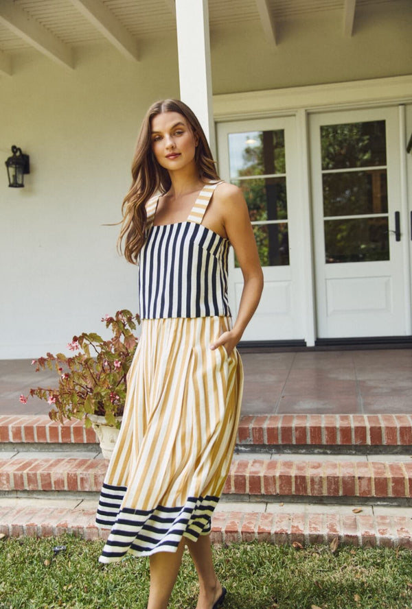 Smocked Waist MIDI Skirt - Black and Sand Stripe