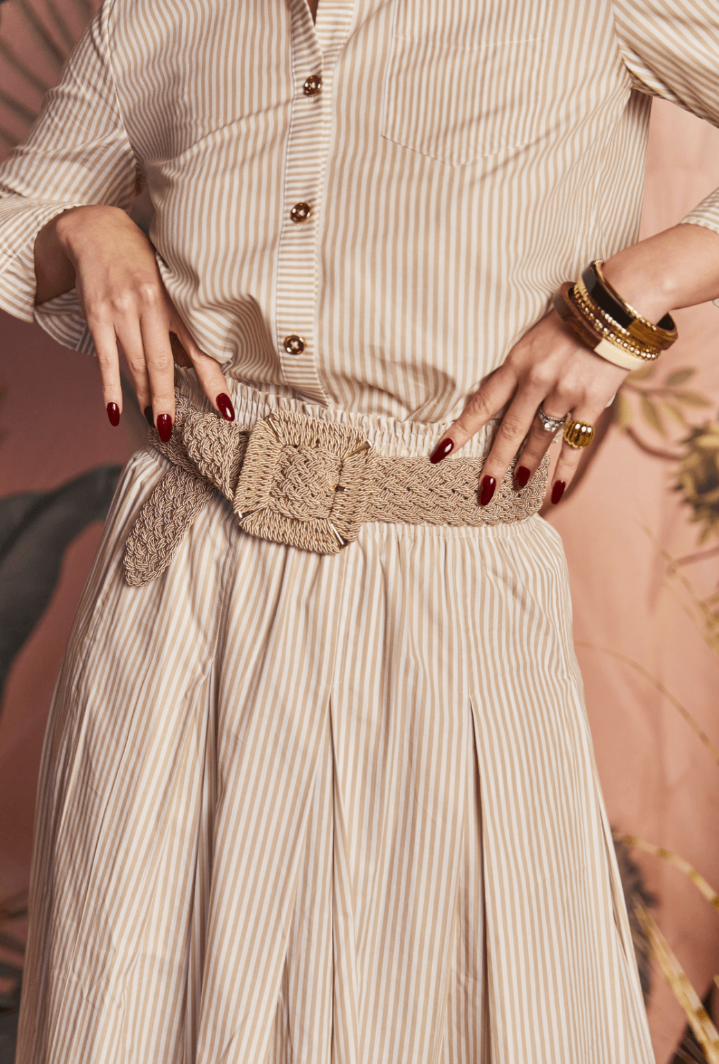 Smocked Waist MIDI Skirt - Oatmeal Stripe