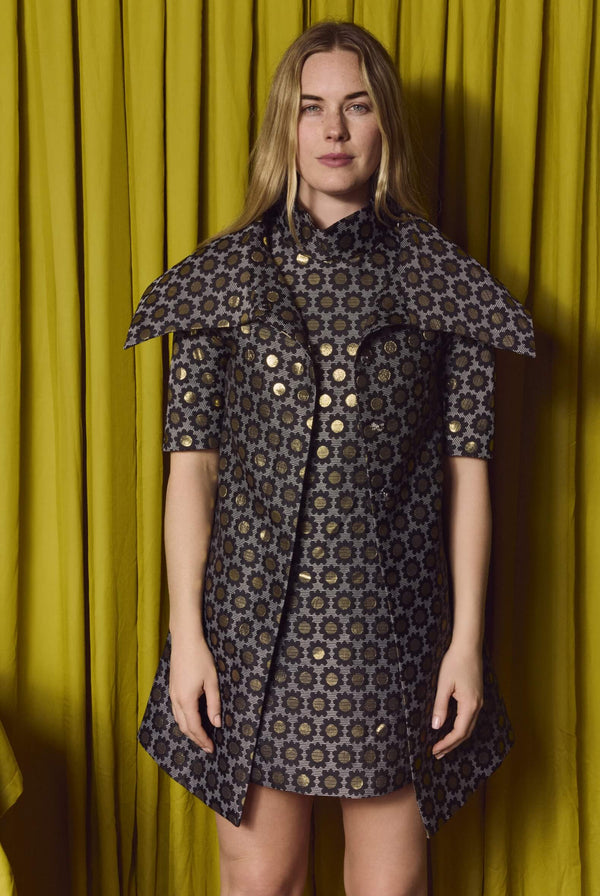 Tailored Car Coat - Black Daisy Brocade