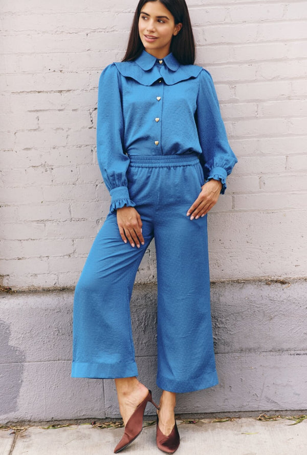 Wide Leg Trousers - Cornflower Dot
