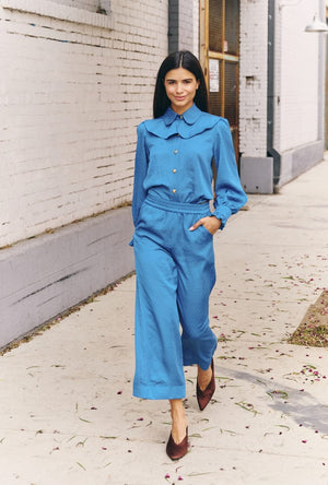 Wide Leg Trousers - Cornflower Dot