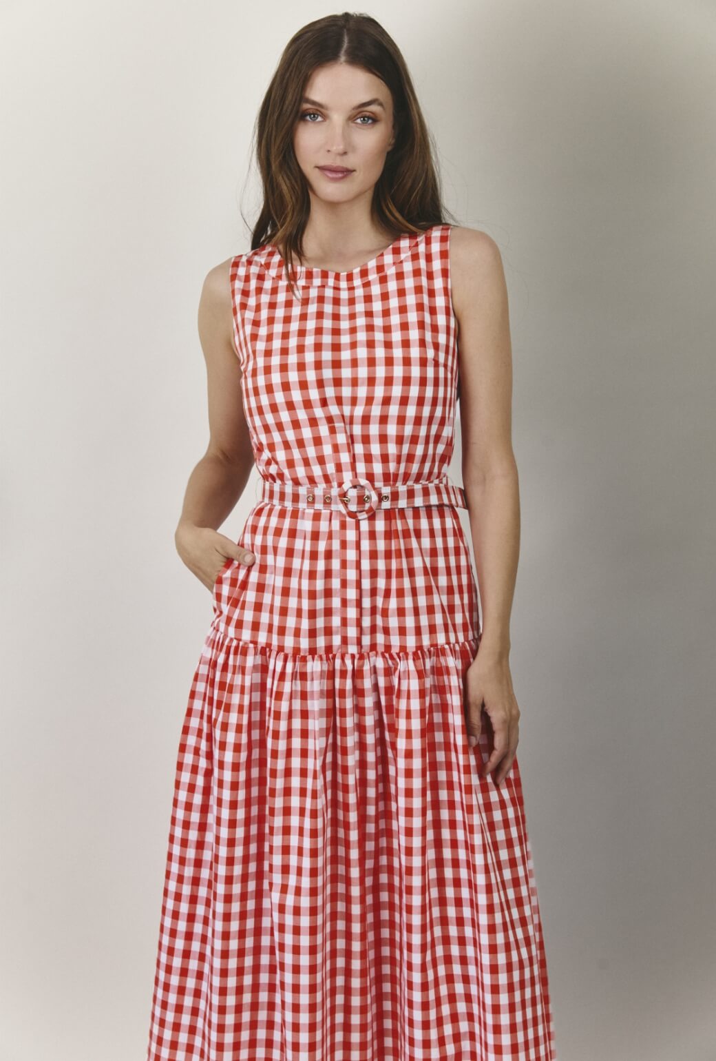 red gingham drop waist dress Red Gingham Shirred Detail Drop Waist Midaxi Dress