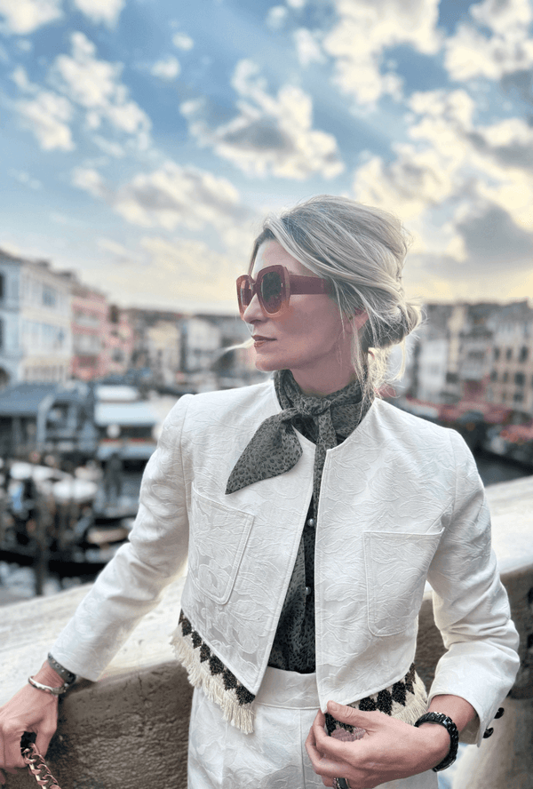 SAMPLE - The Fringed Bolero Blazer - Ivory Damask