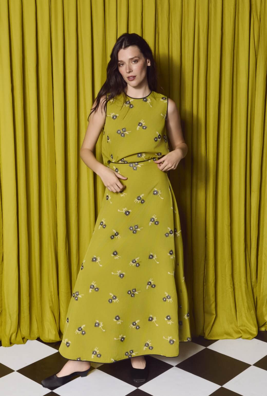 The Laura Skirt Maxi - Chartreuse Floral Embroidery
