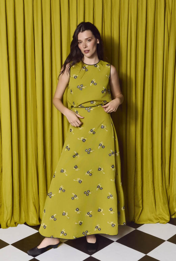 The Laura Skirt Maxi - Chartreuse Floral Embroidery