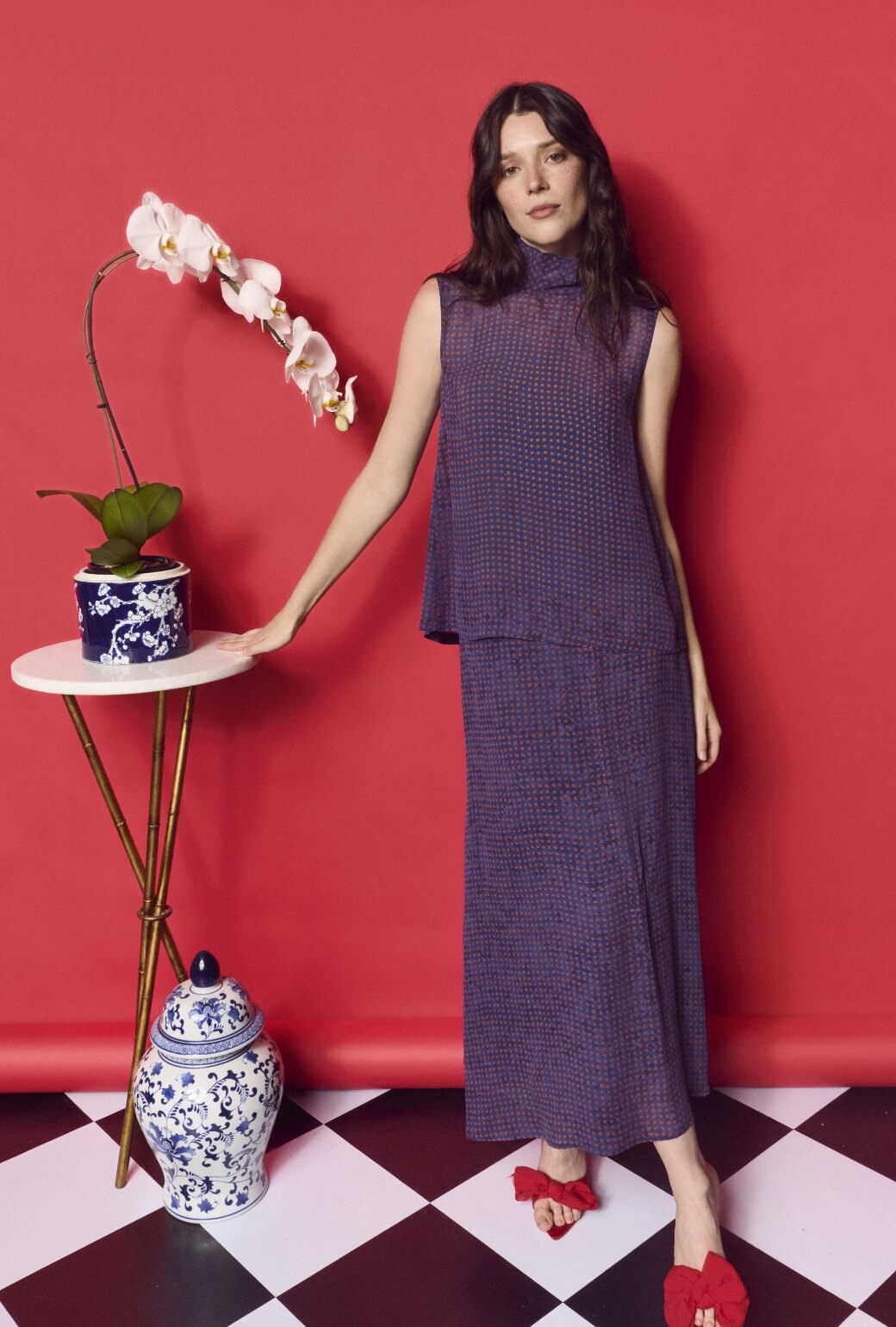 Sleeveless Mod Top - Navy and Red Sheer Dot – BURU