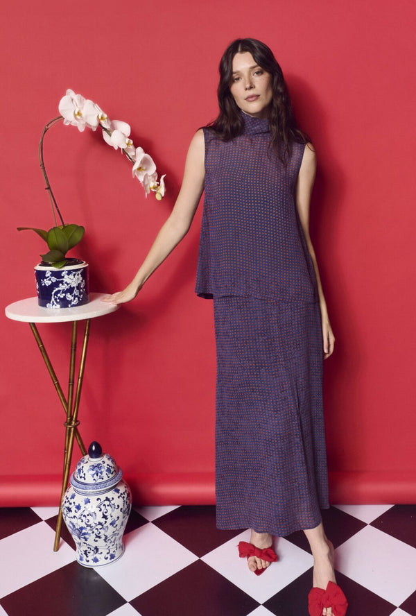 The Leland Skirt - Navy and Red Dot