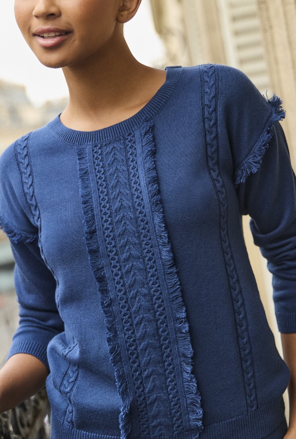 The Olive Fringe Sweater - Navy Blue Knit