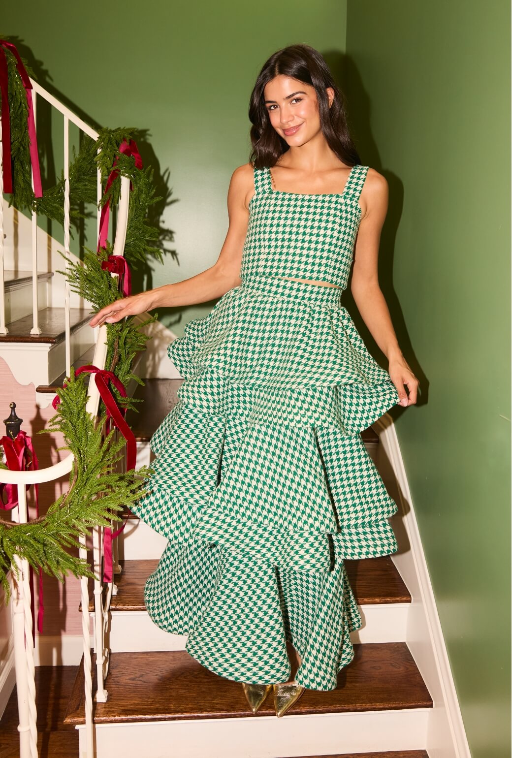 The Peplum Bustier - Green Houndstooth