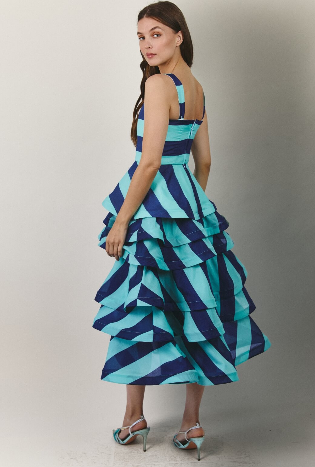 The Peplum Bustier - Turquoise and Blue Stripe Silk