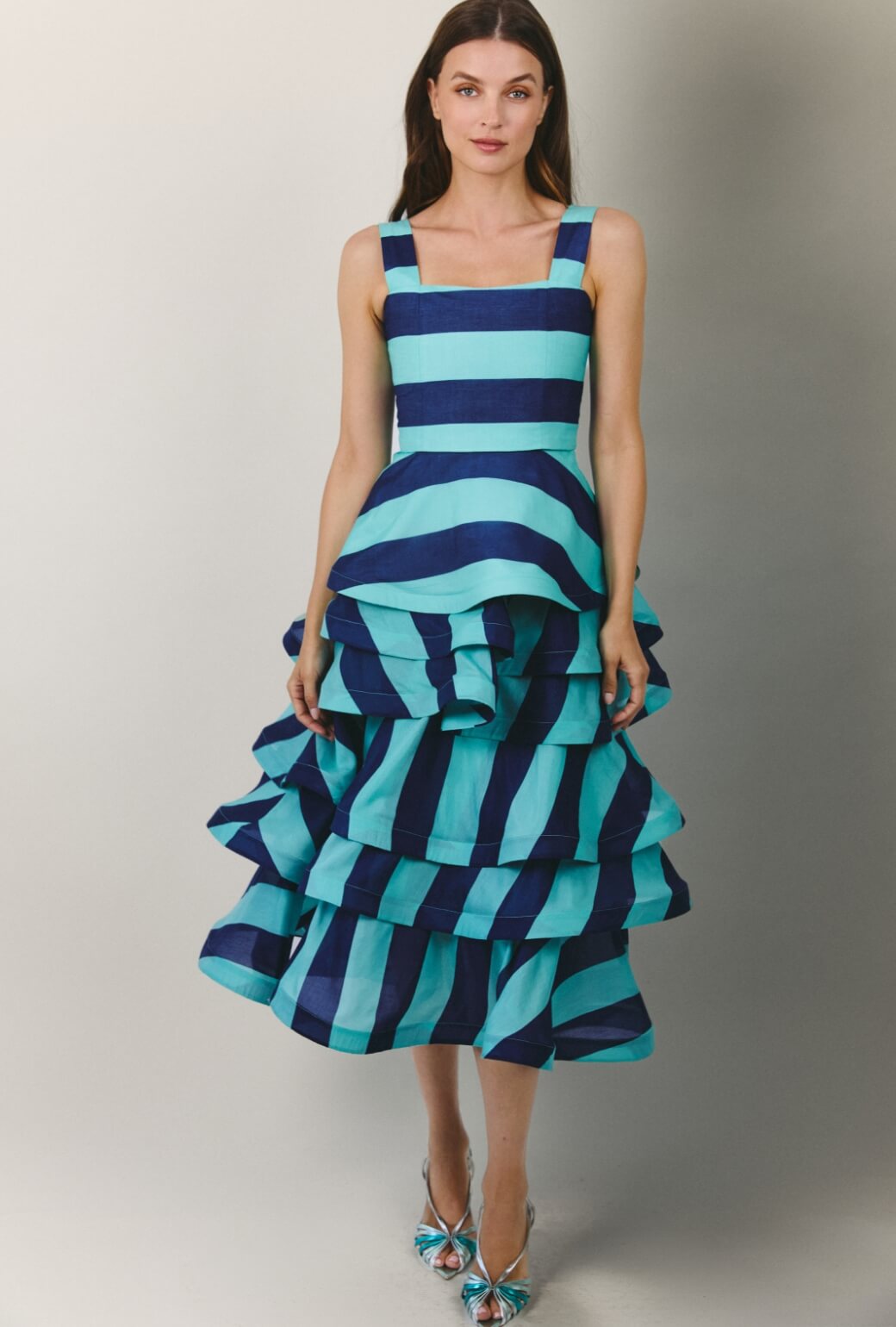 The Peplum Bustier - Turquoise and Blue Stripe Silk