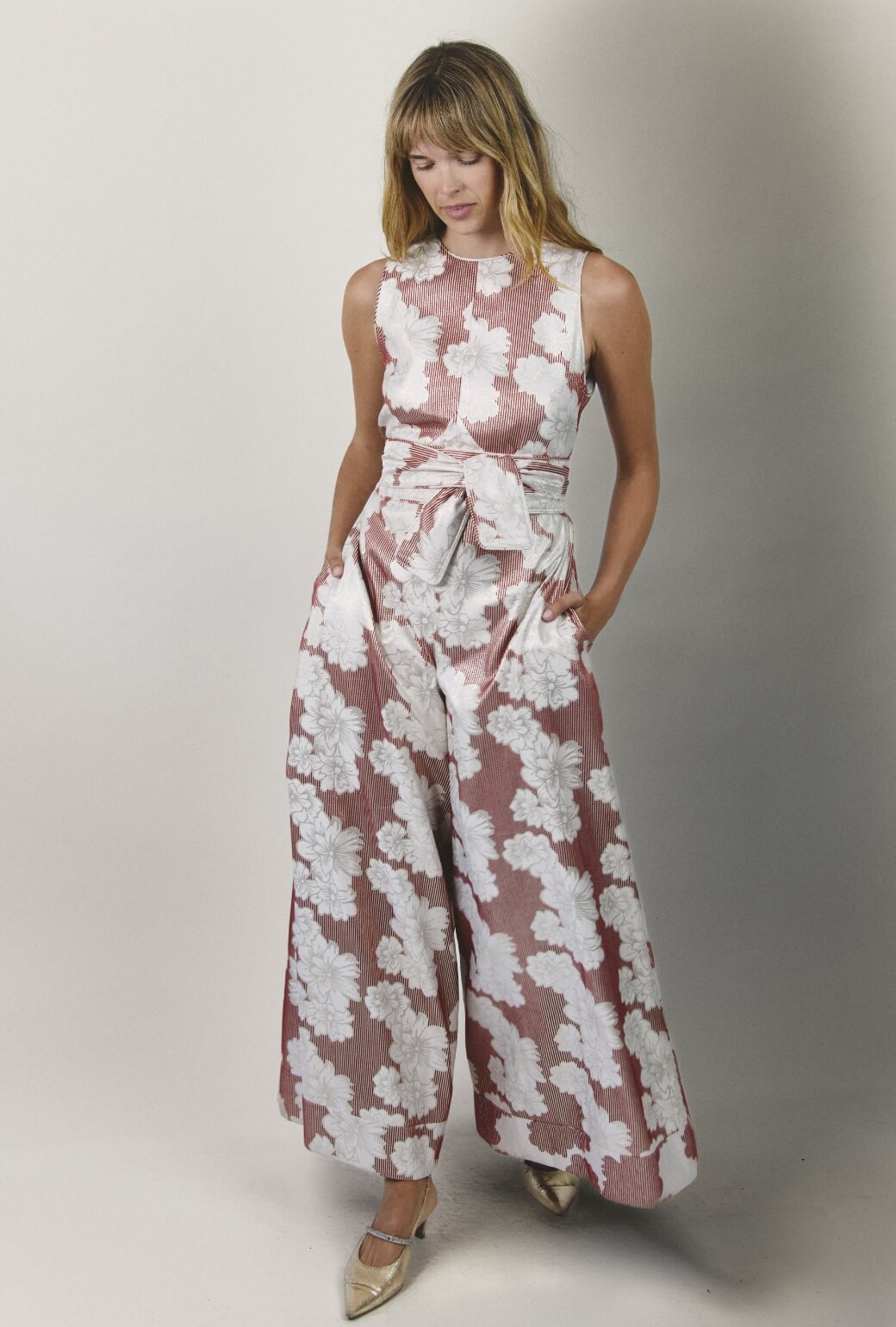 The Royale Jumpsuit - Red Floral Brocade