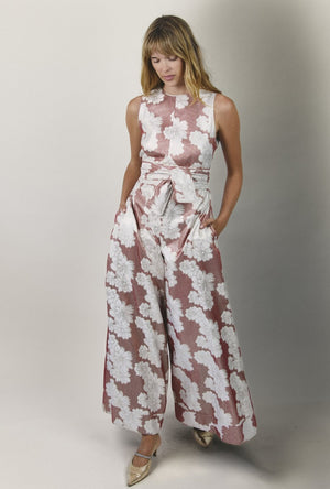 The Royale Jumpsuit - Red Floral Brocade