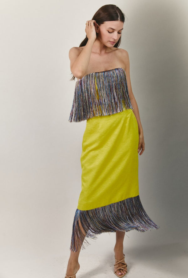 Fringed Monroe Skirt - Yellow Slub with Rainbow Fringe