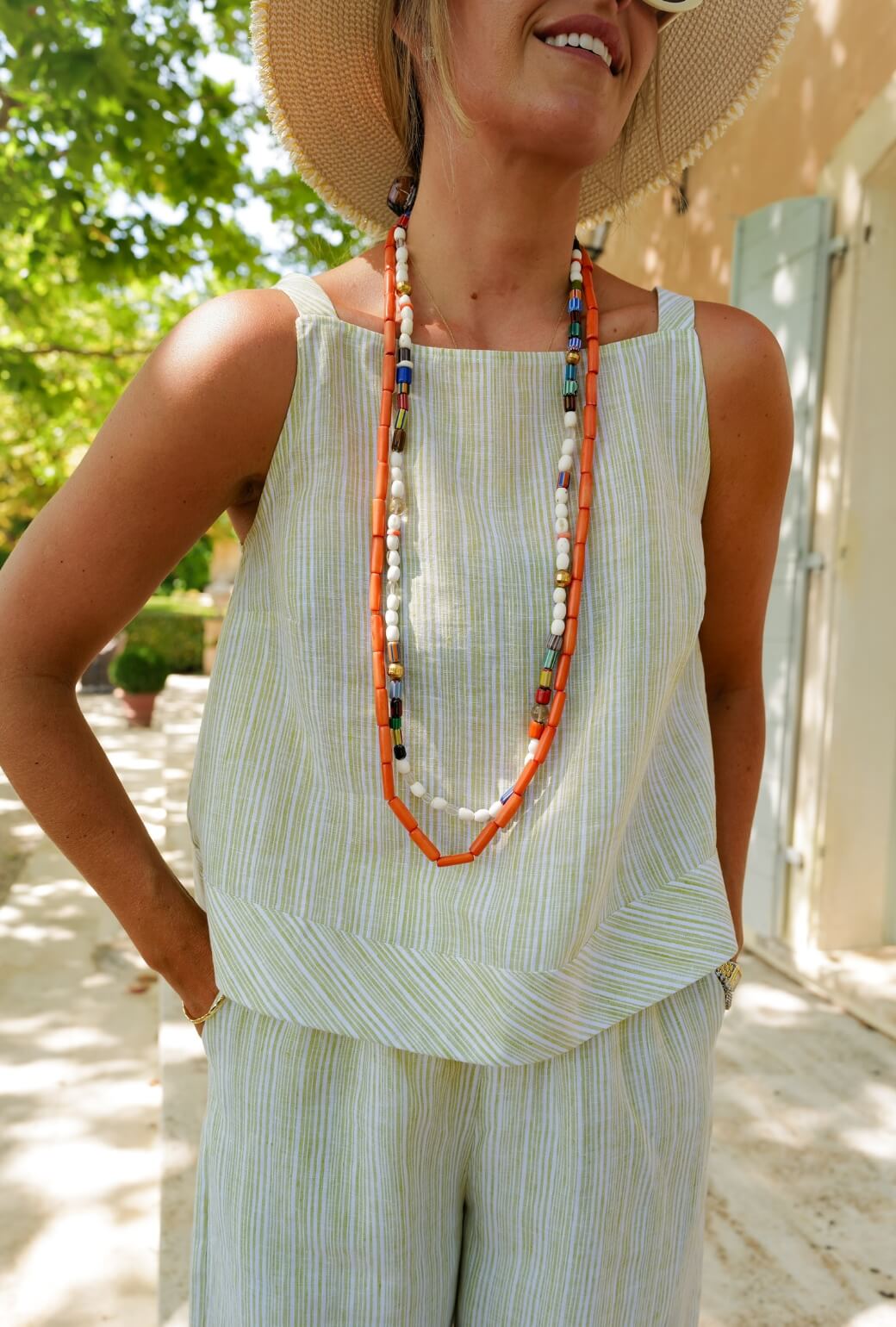 The Stokes Swing Top - Green Linen Stripe